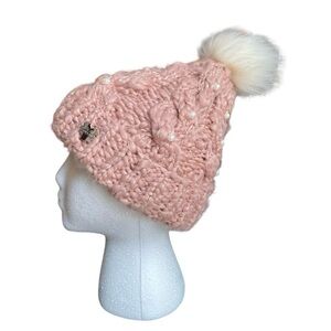 Betsey Johnson Chunky Knit Pom Pom Winter Hat Beanie With Pearls Cuffed